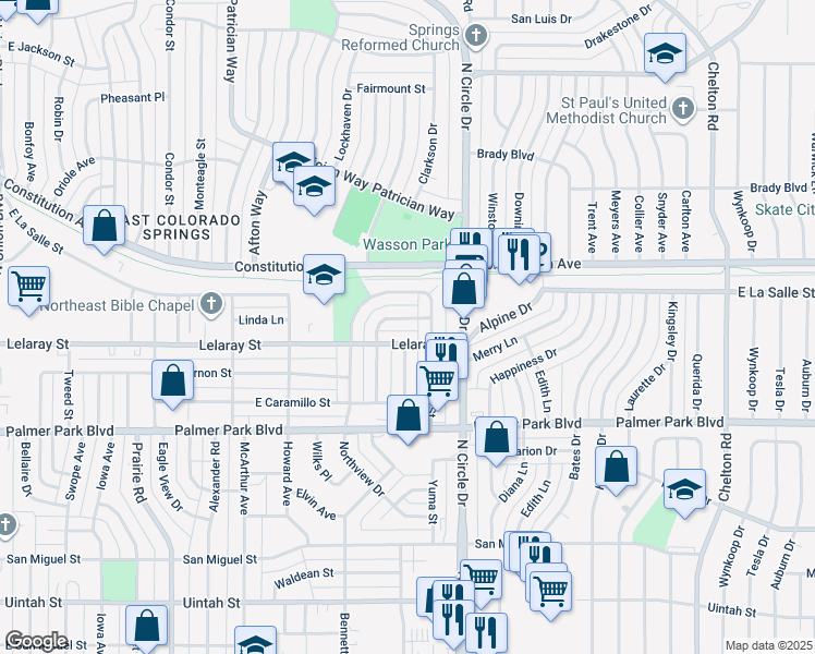 map of restaurants, bars, coffee shops, grocery stores, and more near 1833 Grant Avenue in Colorado Springs