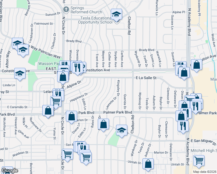 map of restaurants, bars, coffee shops, grocery stores, and more near 1706 Holmes Drive in Colorado Springs