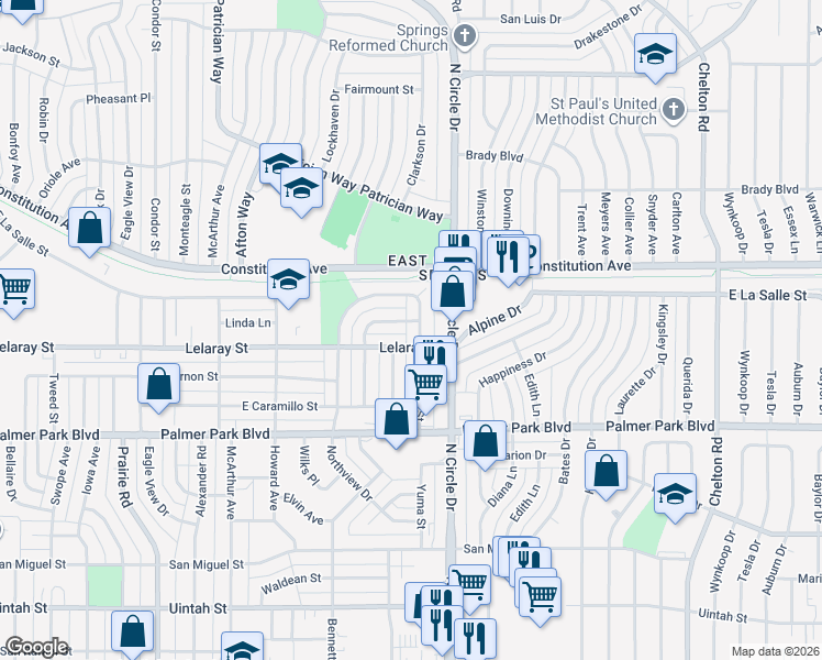 map of restaurants, bars, coffee shops, grocery stores, and more near 1833 Grant Avenue in Colorado Springs