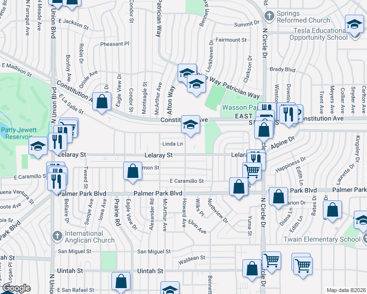 map of restaurants, bars, coffee shops, grocery stores, and more near 2529 Linda Lane in Colorado Springs