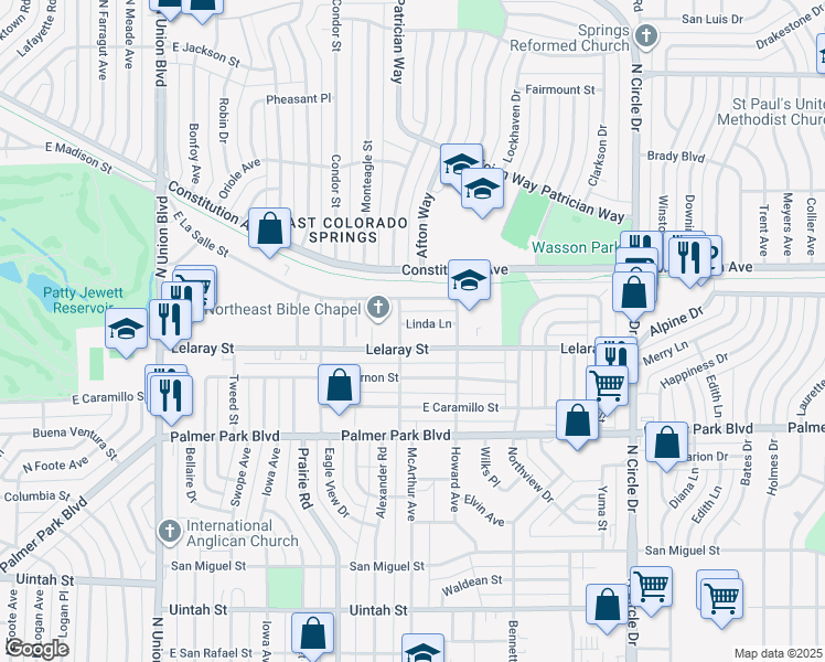 map of restaurants, bars, coffee shops, grocery stores, and more near 2513 Linda Lane in Colorado Springs