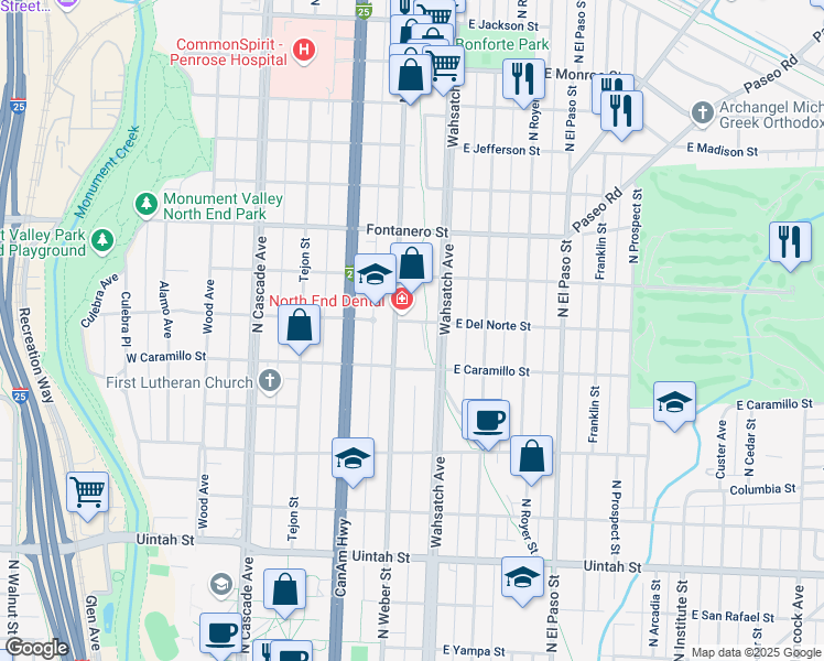 map of restaurants, bars, coffee shops, grocery stores, and more near 1633 North Weber Street in Colorado Springs