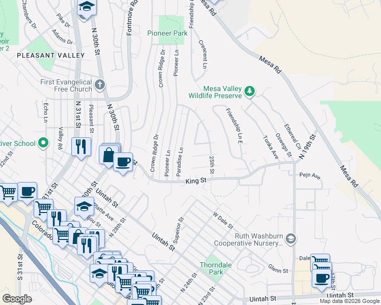 map of restaurants, bars, coffee shops, grocery stores, and more near 641 Paradise Lane in Colorado Springs