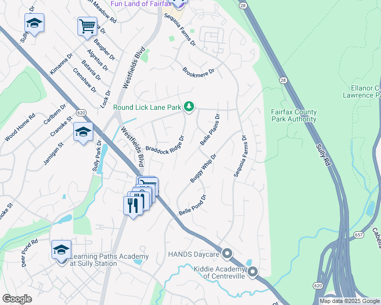 map of restaurants, bars, coffee shops, grocery stores, and more near 5236 Belle Plains Drive in Centreville
