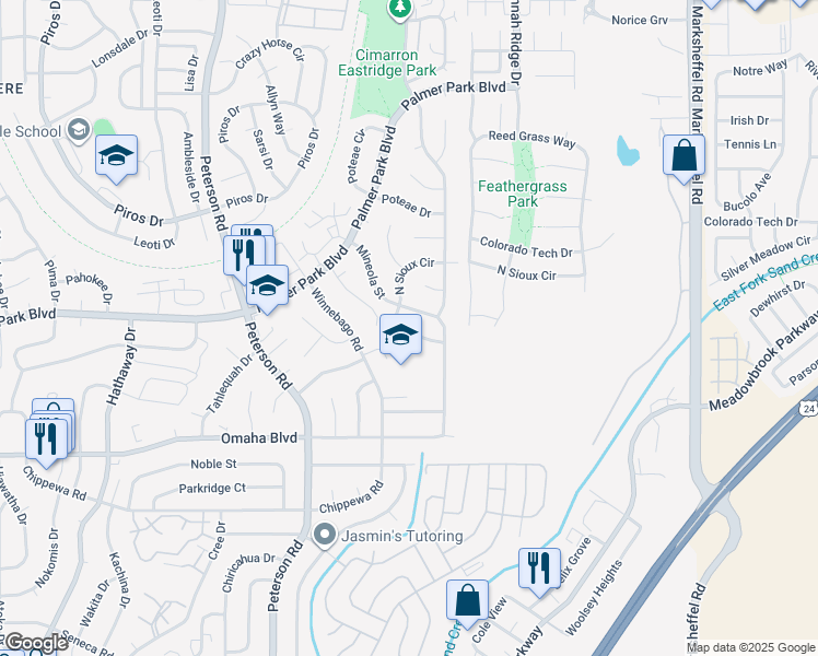 map of restaurants, bars, coffee shops, grocery stores, and more near 7242 Sioux Circle North in Colorado Springs