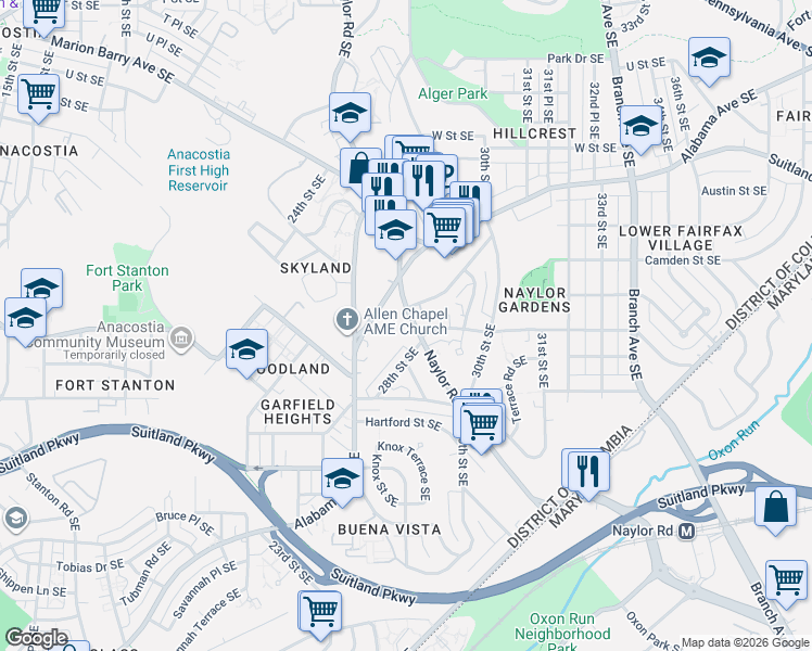 map of restaurants, bars, coffee shops, grocery stores, and more near 2765 Naylor Road Southeast in Washington