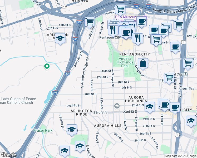 map of restaurants, bars, coffee shops, grocery stores, and more near 1106 17th Street South in Arlington