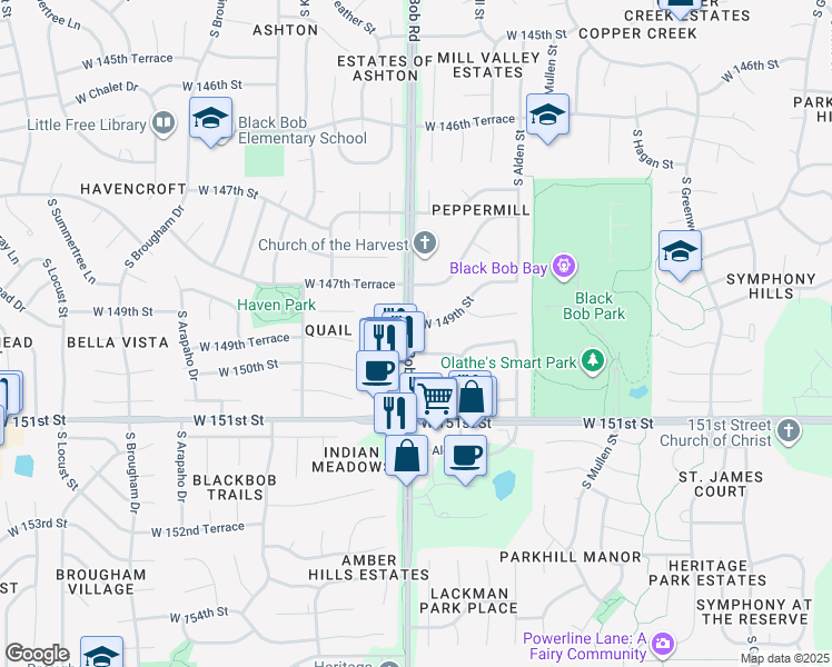 map of restaurants, bars, coffee shops, grocery stores, and more near 15017 West 149th Street in Olathe