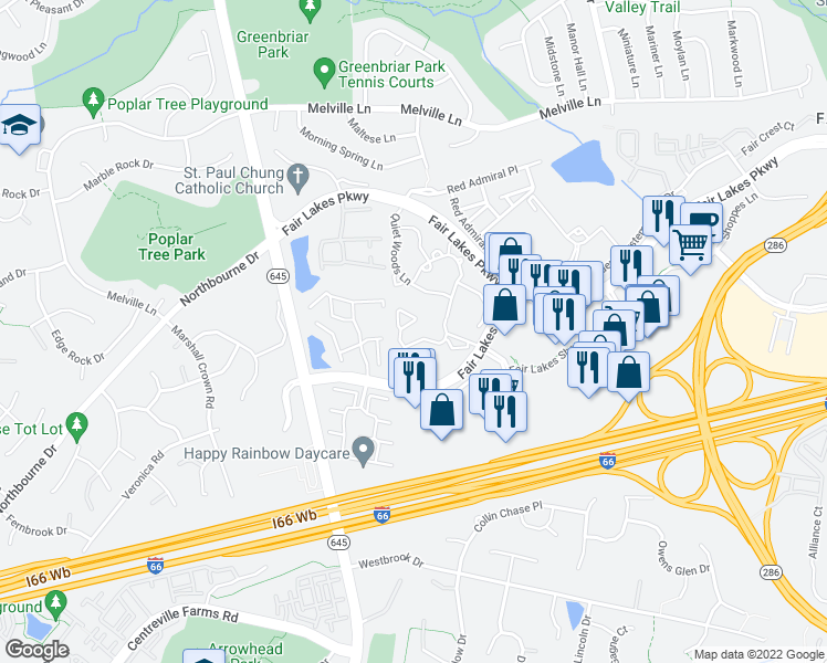 map of restaurants, bars, coffee shops, grocery stores, and more near 4417 Fair Stone Drive in Fairfax