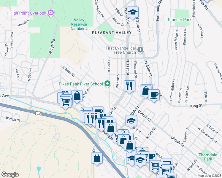 map of restaurants, bars, coffee shops, grocery stores, and more near 407 Echo Lane in Colorado Springs