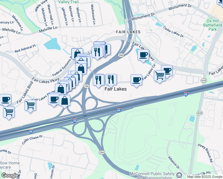 map of restaurants, bars, coffee shops, grocery stores, and more near 12701 Fair Lakes Cir in Chantilly