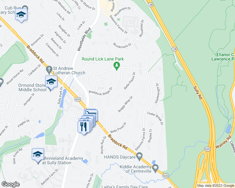 map of restaurants, bars, coffee shops, grocery stores, and more near 5236 Belle Plains Drive in Centreville