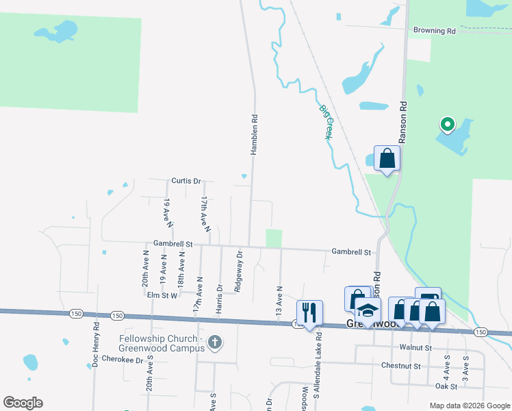 map of restaurants, bars, coffee shops, grocery stores, and more near 703 Hamblen Road in Greenwood
