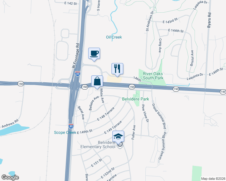 map of restaurants, bars, coffee shops, grocery stores, and more near 6203 East 147th Street in Grandview