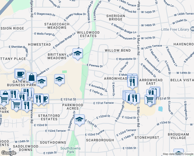 map of restaurants, bars, coffee shops, grocery stores, and more near 1921 East Mohawk Circle in Olathe