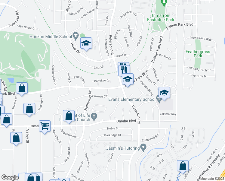 map of restaurants, bars, coffee shops, grocery stores, and more near 6835 Palmer Park Boulevard in Colorado Springs