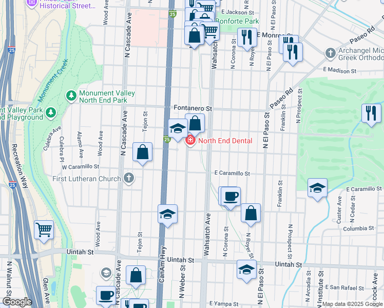 map of restaurants, bars, coffee shops, grocery stores, and more near 1633 North Weber Street in Colorado Springs