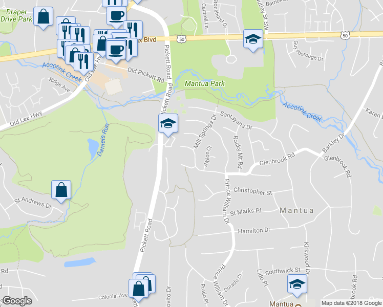 map of restaurants, bars, coffee shops, grocery stores, and more near 9325 Glenbrook Road in Fairfax