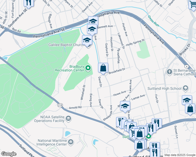 map of restaurants, bars, coffee shops, grocery stores, and more near 2405 Darel Drive in Hillcrest Heights