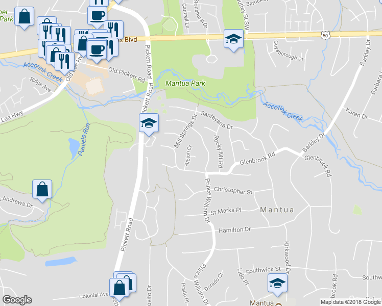 map of restaurants, bars, coffee shops, grocery stores, and more near 9304 Swinburne Ct in Fairfax