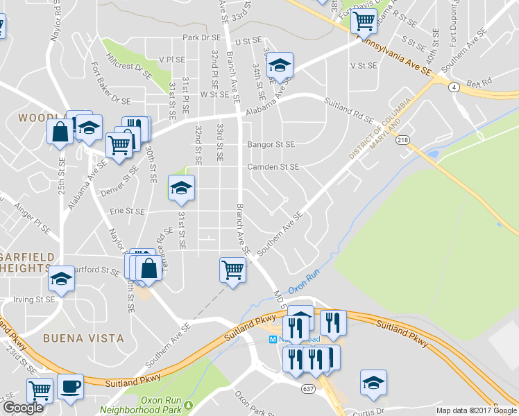 map of restaurants, bars, coffee shops, grocery stores, and more near 3365 Denver Street Southeast in Washington