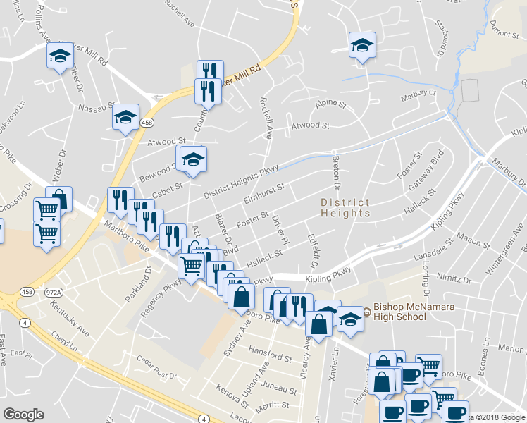 map of restaurants, bars, coffee shops, grocery stores, and more near 6510 Foster Street in District Heights