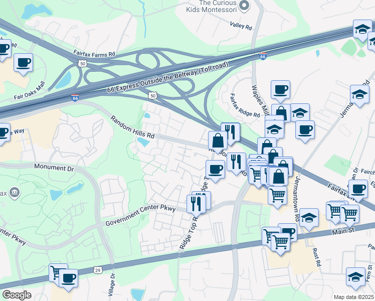 map of restaurants, bars, coffee shops, grocery stores, and more near 4085 Fountainside Lane in Fairfax