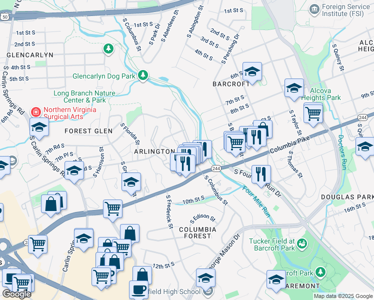 map of restaurants, bars, coffee shops, grocery stores, and more near 826 South Dinwiddie Street in Arlington