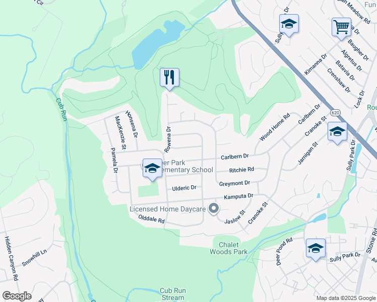 map of restaurants, bars, coffee shops, grocery stores, and more near 15007 Ponderlay Drive in Centreville