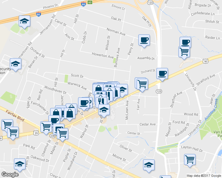 map of restaurants, bars, coffee shops, grocery stores, and more near 3714 Burrows Avenue in Fairfax
