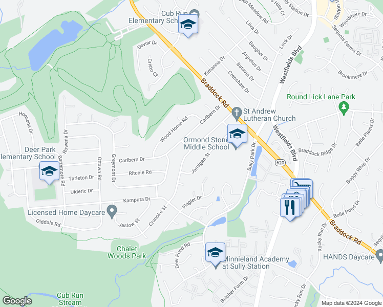 map of restaurants, bars, coffee shops, grocery stores, and more near 14729 Cranoke Street in Centreville