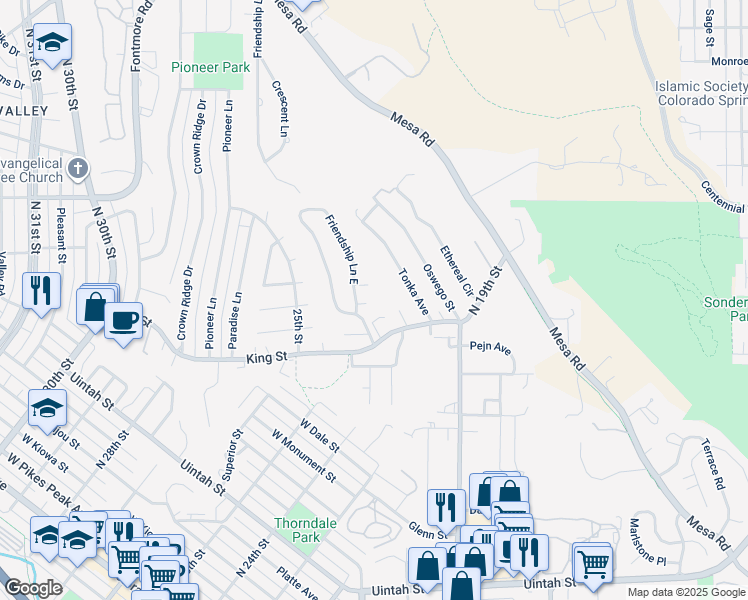 map of restaurants, bars, coffee shops, grocery stores, and more near 1261-1263 Friendship Lane West in Colorado Springs