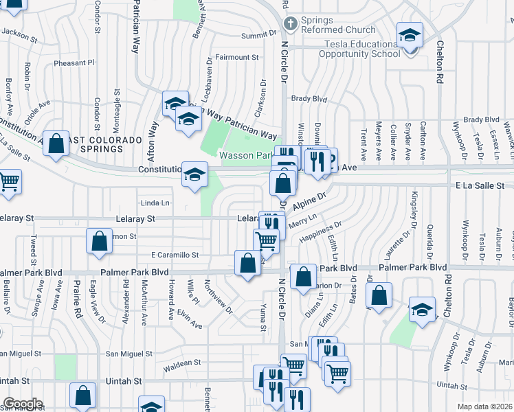 map of restaurants, bars, coffee shops, grocery stores, and more near 1833 Grant Avenue in Colorado Springs