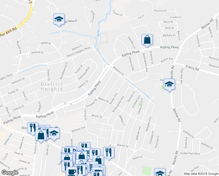 map of restaurants, bars, coffee shops, grocery stores, and more near 2309 Senator Avenue in District Heights