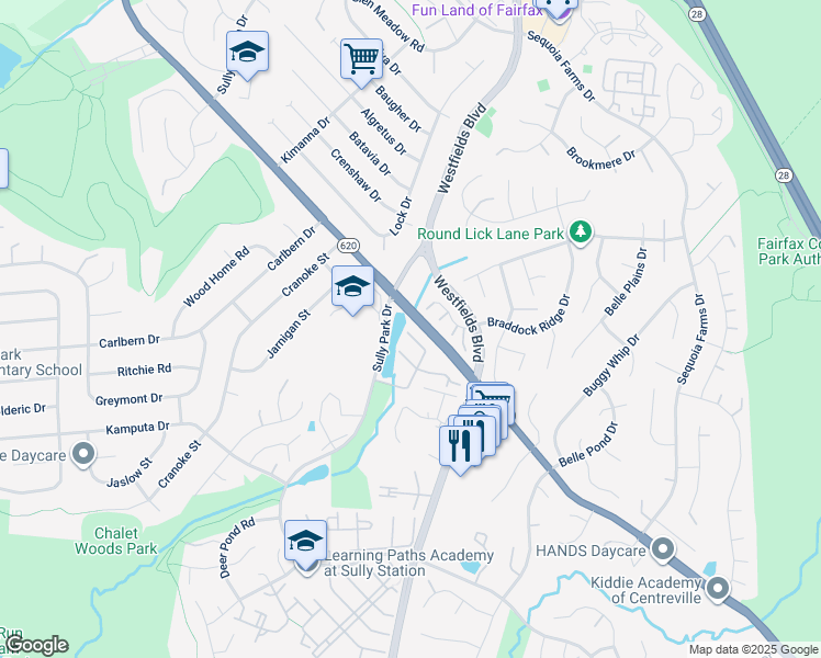 map of restaurants, bars, coffee shops, grocery stores, and more near 5501 Sully Lake Drive in Centreville
