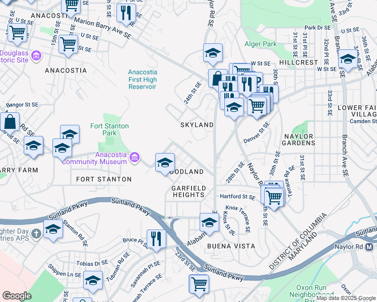 map of restaurants, bars, coffee shops, grocery stores, and more near 2340 Ainger Place Southeast in Washington