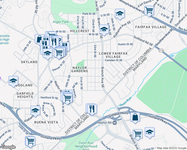 map of restaurants, bars, coffee shops, grocery stores, and more near 2625 33rd Street Southeast in Washington