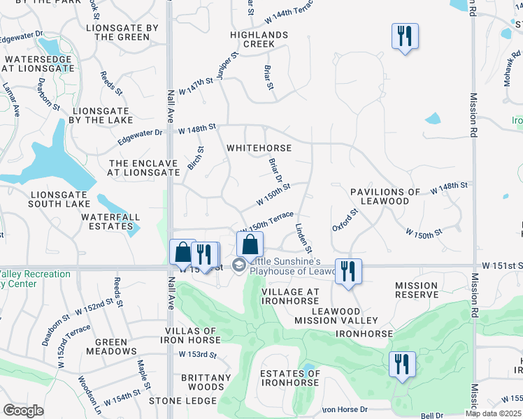 map of restaurants, bars, coffee shops, grocery stores, and more near 5103 West 150th Street in Overland Park