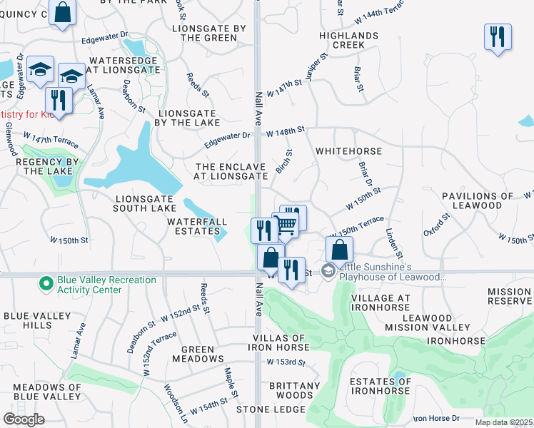 map of restaurants, bars, coffee shops, grocery stores, and more near 14914 Birch Street in Overland Park