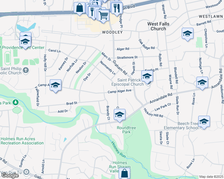 map of restaurants, bars, coffee shops, grocery stores, and more near 7204 Camp Alger Avenue in Falls Church