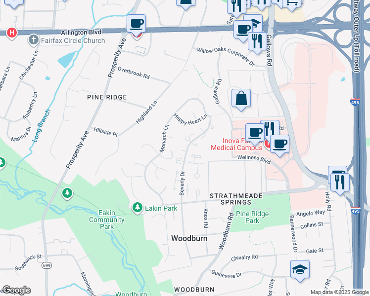 map of restaurants, bars, coffee shops, grocery stores, and more near 3326 Conquistador Court in Annandale