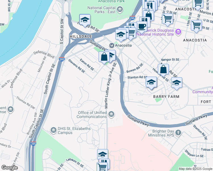 map of restaurants, bars, coffee shops, grocery stores, and more near 2647 Martin Luther King Junior Avenue Southeast in Washington