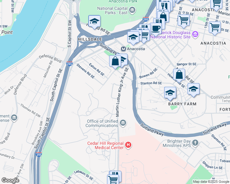 map of restaurants, bars, coffee shops, grocery stores, and more near 2644 Birney Place Southeast in Washington