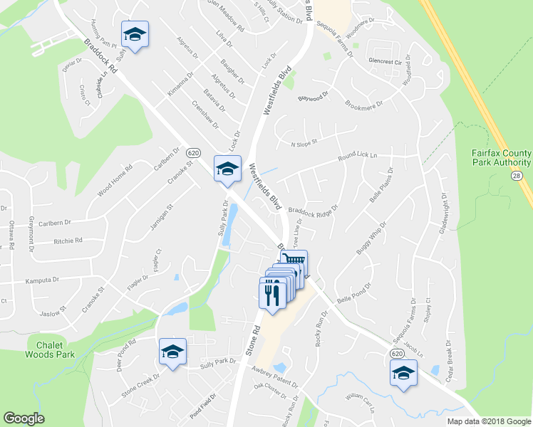 map of restaurants, bars, coffee shops, grocery stores, and more near 5470 Braddock Ridge Dr in Centreville
