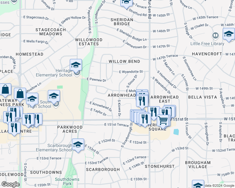 map of restaurants, bars, coffee shops, grocery stores, and more near 1605 South Kiowa Drive in Olathe