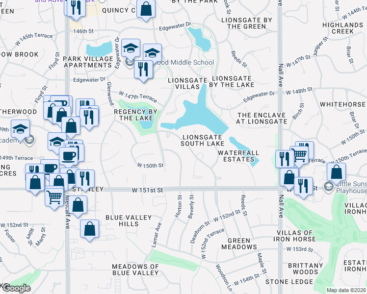 map of restaurants, bars, coffee shops, grocery stores, and more near 5901 West 149th Street in Overland Park
