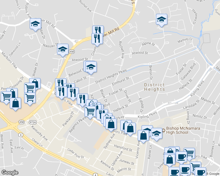 map of restaurants, bars, coffee shops, grocery stores, and more near 6411 Elmhurst Street in District Heights