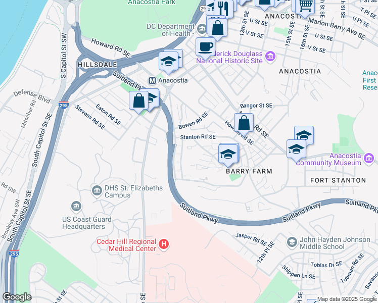 map of restaurants, bars, coffee shops, grocery stores, and more near 2767 Douglass Road Southeast in Washington