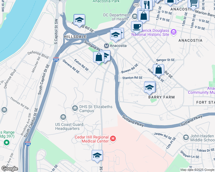 map of restaurants, bars, coffee shops, grocery stores, and more near 2638 Martin Luther King Junior Avenue Southeast in Washington