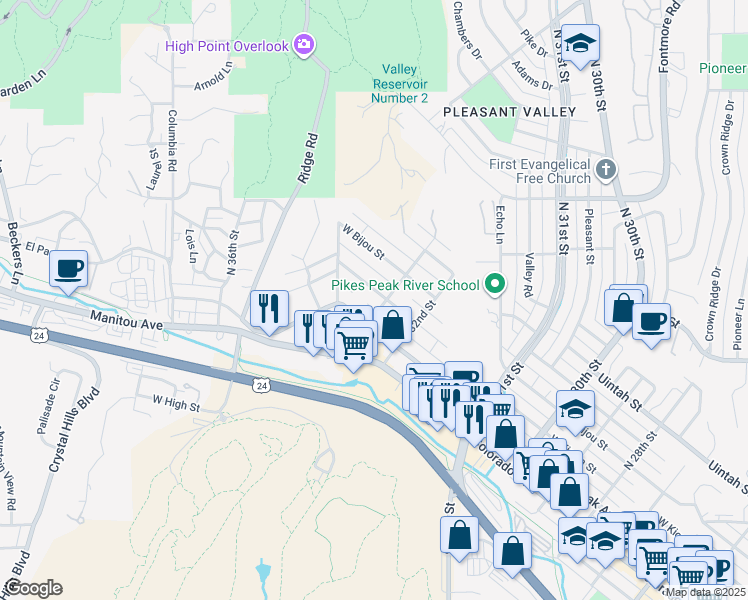 map of restaurants, bars, coffee shops, grocery stores, and more near 11 North 33rd Street in Colorado Springs